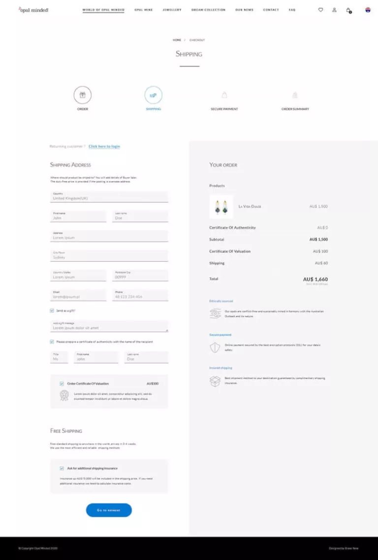 Screenshot of the order form on the website