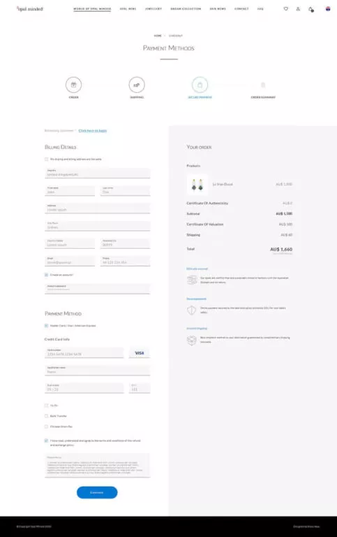 Screenshot showing payment methods on the website