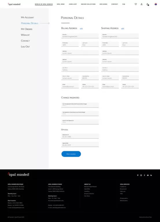 Screenshot of the account settings page