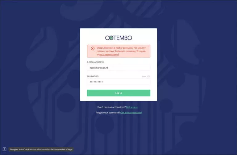 Screenshot of a page showing a failed site login