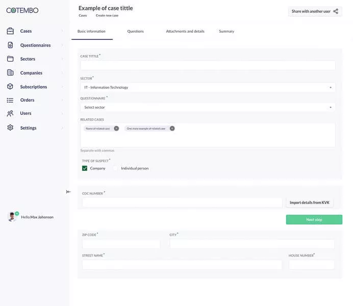 Screenshot of the form page