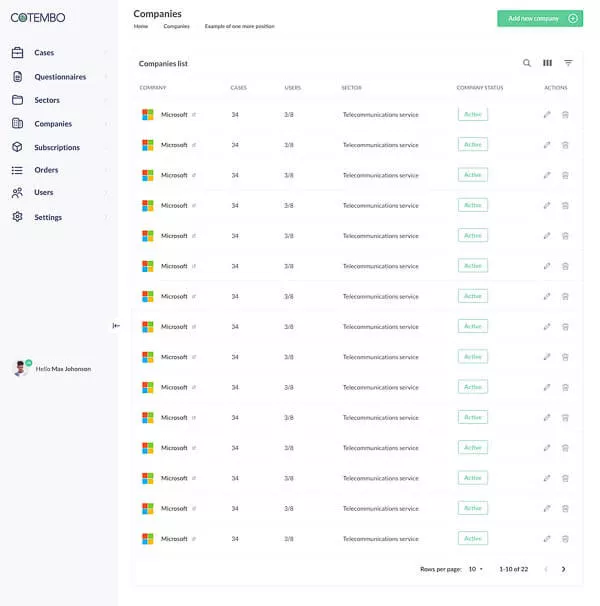 Screenshot of detailed order list on website