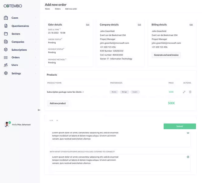 Screenshot of the web page form