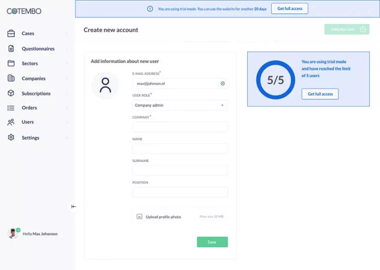 Screenshot of website showing registration