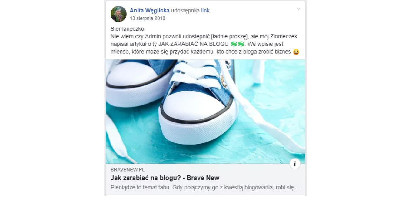 Artykuł udostępniony na grupie z opisem dostosowanym do społeczności grupy.