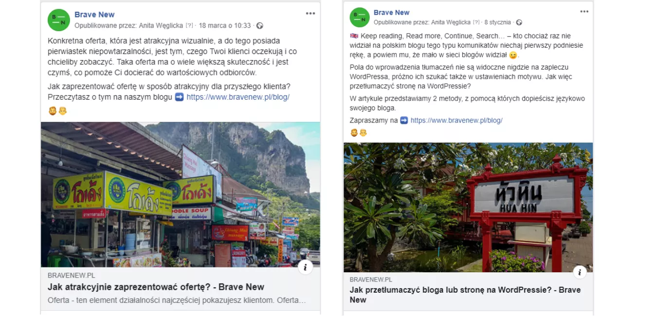 Tak wyglądają posty promujące artykuły z bloga firmowego na fanpage`u Brave New.