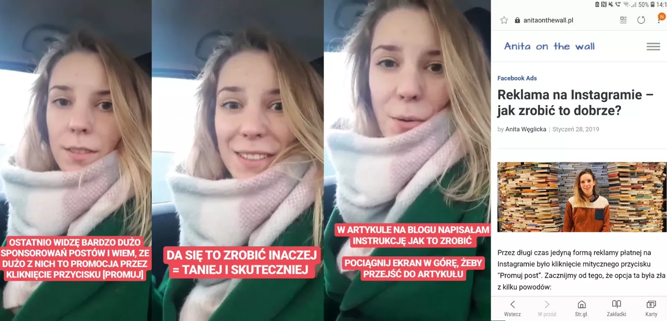 Sekwencja stories opowiadająca o nowym artykule. Każdy slajd jest podlinkowany.