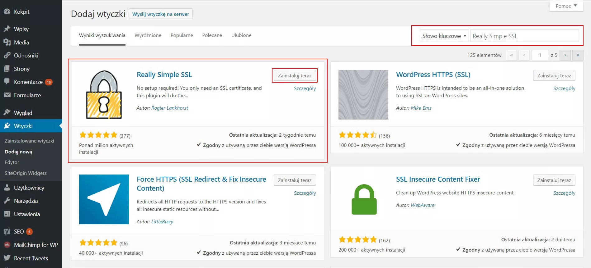 Wyszukiwanie wtyczki Really Simple SSL w panelu WordPressa