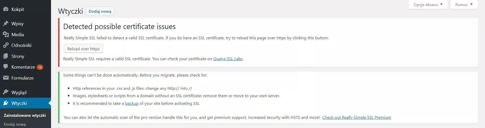 Wtyczka Really Simple SSL – komunikat o problemach z certyfikatem