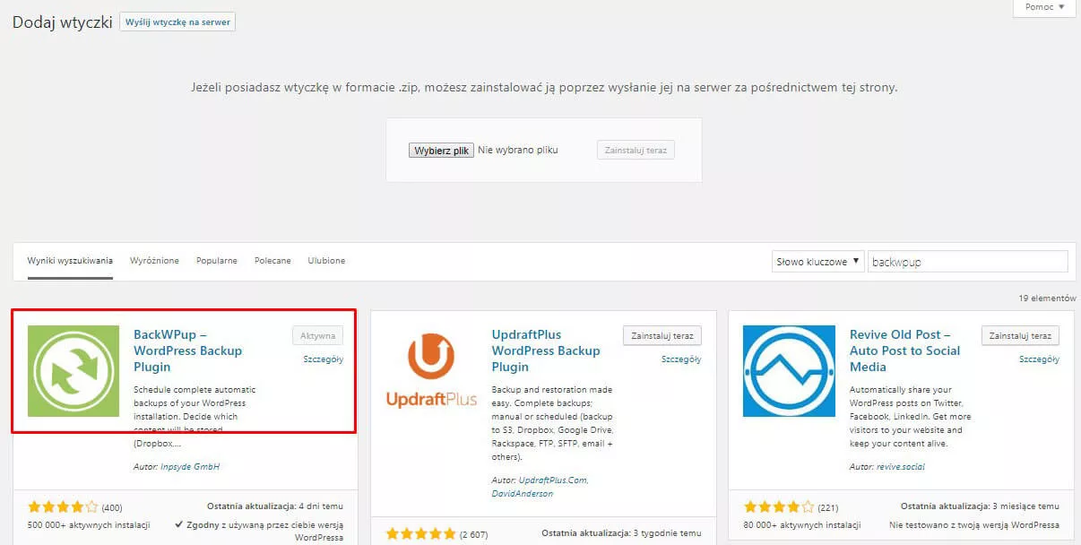Wyszukiwanie wtyczki BackWPup w panelu WordPressa