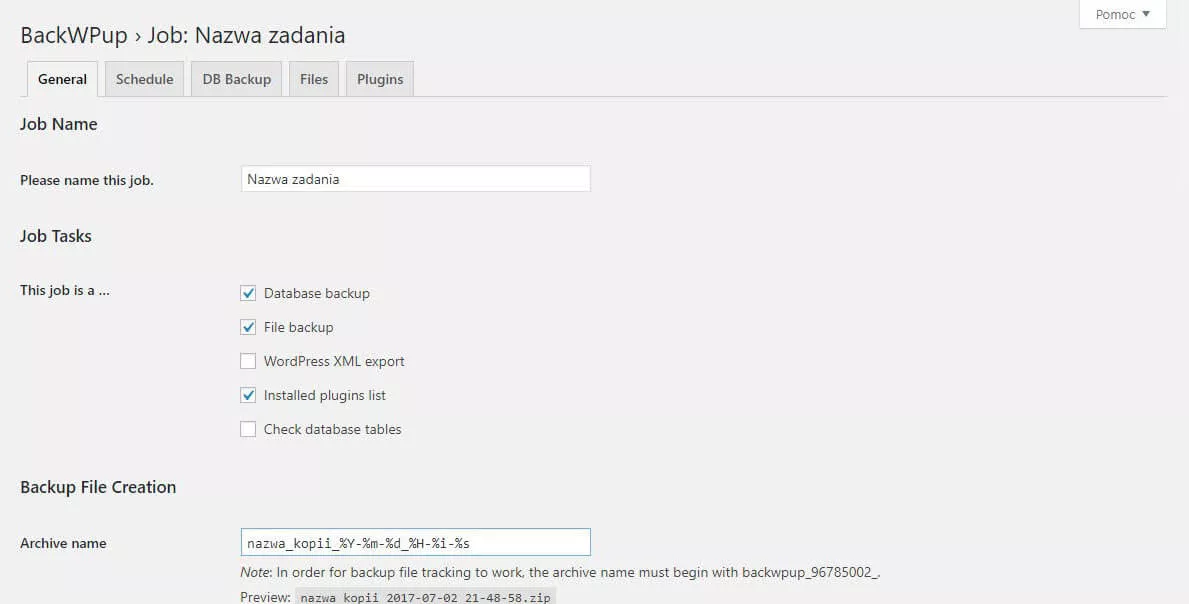 BackWPup – ustawienia zadania tworzenia kopii zapasowej