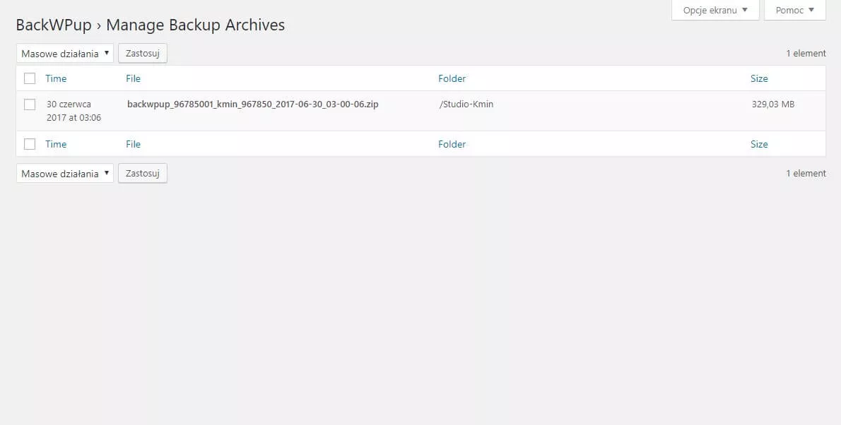 BackWPup – lista archiwów kopii zapasowych