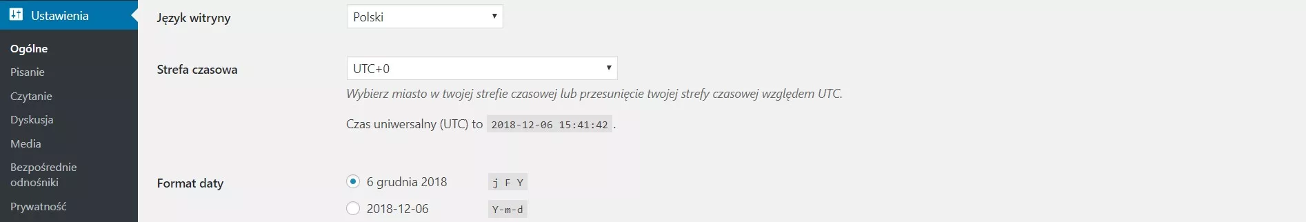 Ustawienia ogólne WordPressa – strefa czasowa i format daty