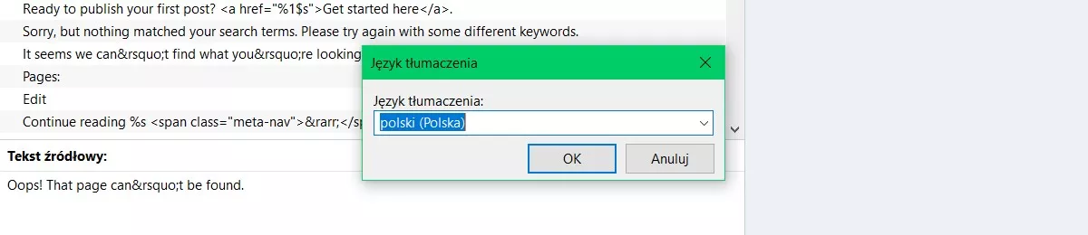 Okno Poedit z wyborem języka katalogu: polski