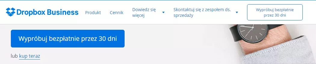 Strona Dropbox Business z przyciskiem darmowego okresu próbnego