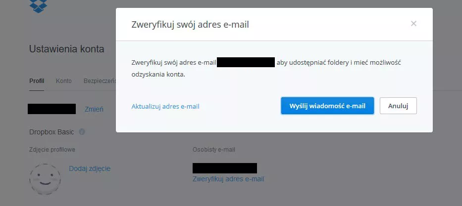 Dropbox – okno z prośbą o weryfikację adresu e-mail