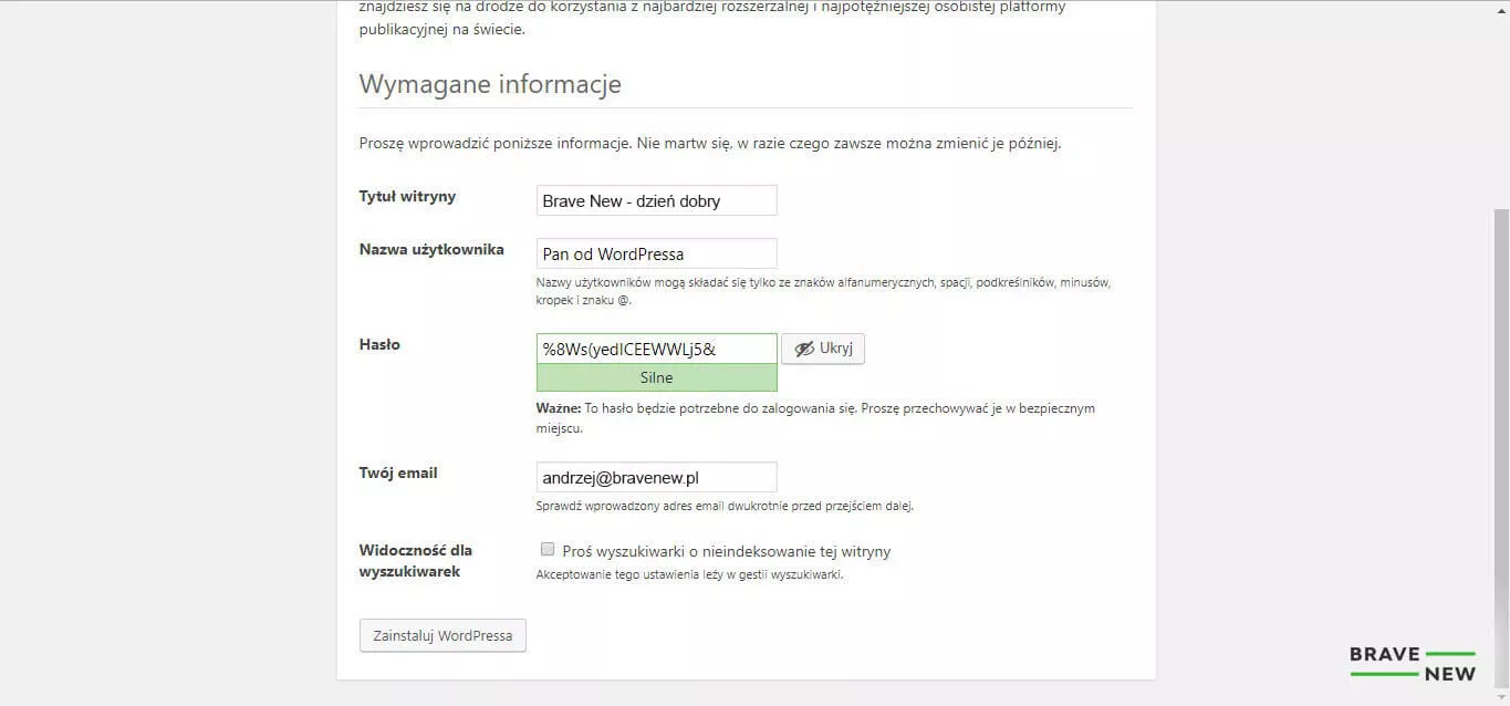 Instalacja WordPressa – formularz z wymaganymi informacjami