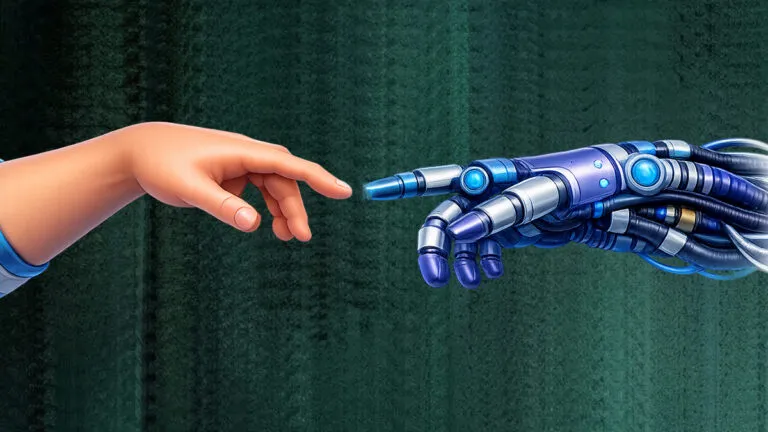 Ludzka dłoń sięga w stronę dłoni robota