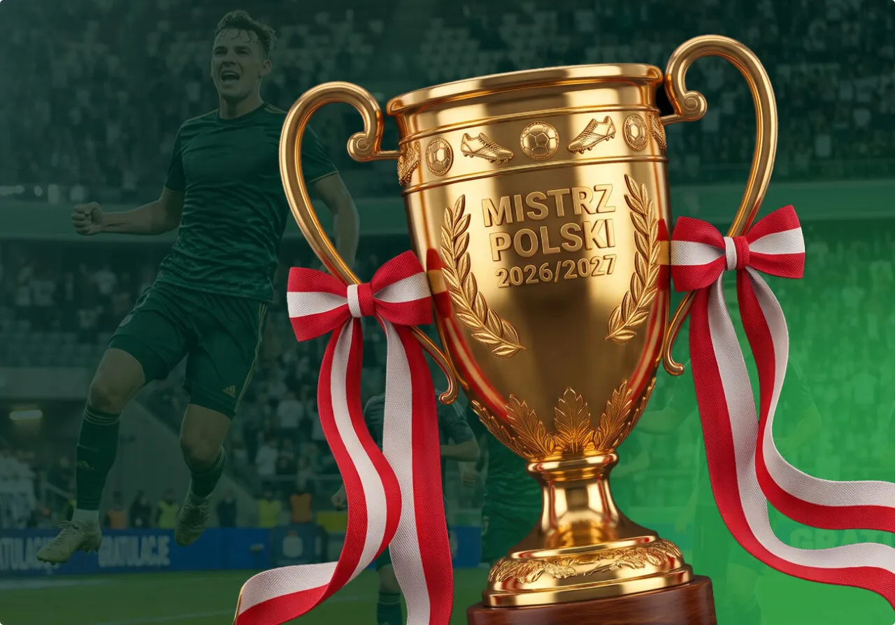 Złoty puchar Mistrza Polski 2026/2027 z biało-czerwonymi wstęgami